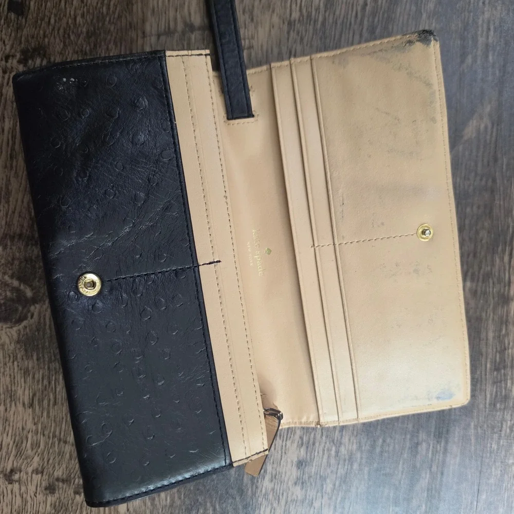 KATE SPADE Wallet Womens OS‎ Black Ostrich Embossed Leather Bow Bifold Wristlet